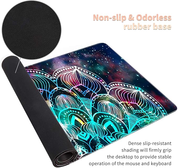 Large Gaming Mouse Pad with Stitched Edges, Desk Pad Protector, Computer Keyboard Mouse Mat Non-Slip Cute Desk Decor for Home/Office/Study Accessories+ Coaster and Stickers, Mandala Art