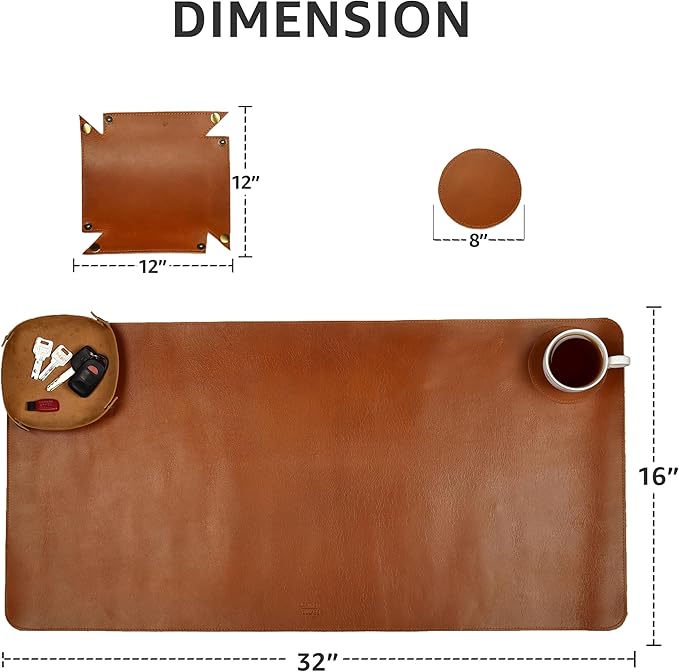 LEATHER VILLAGE -32X16 Real Leather Desk Mat for Desktop & Laptop, with Leather Tray & Tea Coaster, 3mm Thick Desk Cover-Protector-Blotter- Tan Color