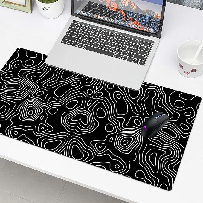 Black Topographic Desk Pad Protector, Stitched Edges Mouse Pad, Large Office Desk Mat, Non-Slip Desk Blotter, Laptop Desk Pad, Desk Writing Pad for Office and Home (31.5" x 15.7 ")