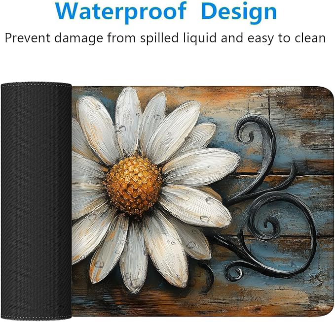 Rustic White Daisy Desk Pad Floral Farmhouse Spring Country Extended Gaming Mouse Mat with Stitched Edge Non-Slip Base Big Office Computer Keyboard Laptop Home 31.5"x11.8"