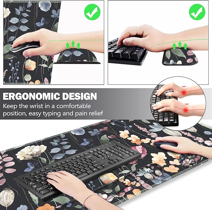 ARTSO Gaming Mouse Pad Wrist Support Set, XXL Large Desk Mat Mousepad + Keyboard Wrist Support+ Mouse Wrist Rest+Coaster 4in1 Ergonomic, Memory Foam, Stitched Edge for Home Office -Flowers Plants