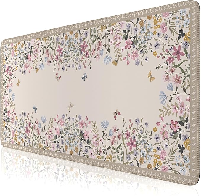 HAOCOO Beige Desk Matt for Desktop, Desk Mat for Keyboard and Mouse, Floral Keyboard Mat with Edge Stitching, Non-Slip Large Mouse Pad for Desk for Gaming,Women Office