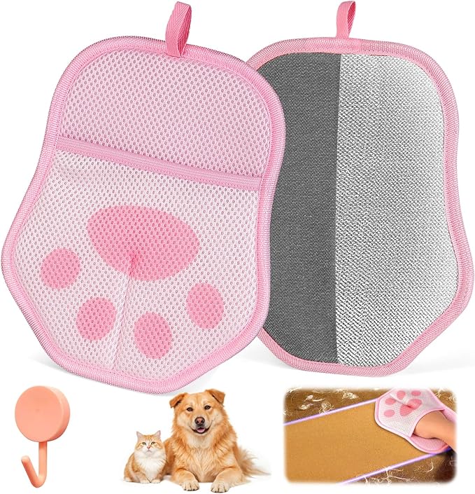 Steinfinit Reusable Pet Hair Removal Gloves, Suitable for Removing Pet Hair from Clothing, Sofas, Carpets, and Car Seats, 1 Pcs with Hanging Hooks, Size 9.8 x 7.87 x 0.5 in (Pink)