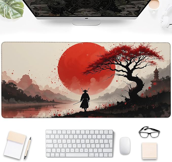 Gaming Mouse Pad, Japanese Cherry Blossom Samurai Large Desk Mat for Keyboard and Mouse,Non-Slip Rubber Base and Stitched Edges Desk Pad for Home Office 35.4x15.7in