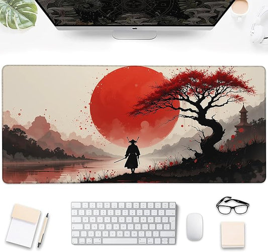 Gaming Mouse Pad, Japanese Cherry Blossom Samurai Large Desk Mat for Keyboard and Mouse,Non-Slip Rubber Base and Stitched Edges Desk Pad for Home Office 35.4x15.7in