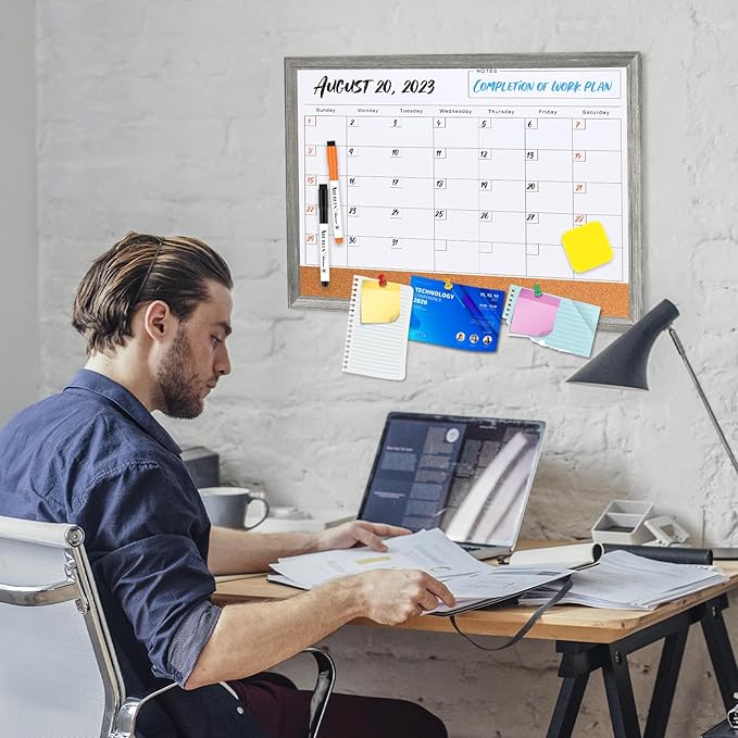 Monthly Whiteboard Calendar & Corkboard for Wall, Magnetic 17"x13" Dry Erase Board with Gray Wood Framed, 2in1 White Board Cork Board Combo, Calendar Bulletin Board for Kitchen Planner Memo Office