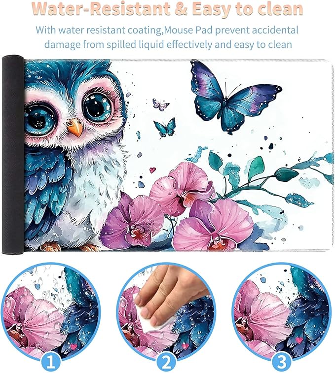 Desk Mat Large Gaming Mouse Pad (31.5x11.8 inch) with Stitched Edges, XL Mouse Pad +Coaster, Extended Mouse Mat Keybroad Mousepad Non-Slip Rubber for Gamer Men Women, Blue Owl