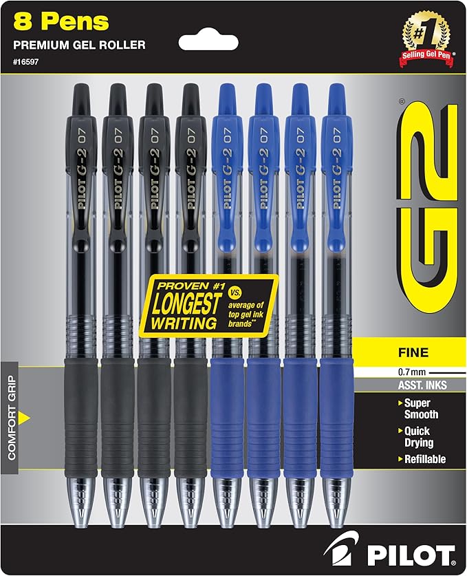 Pilot G2 Premium Gel Roller Pens, Bold Point, Gel Ink Pens, 1 mm, Pack of 8, Black, Blue - Ideal for School, Journaling & Office Writing