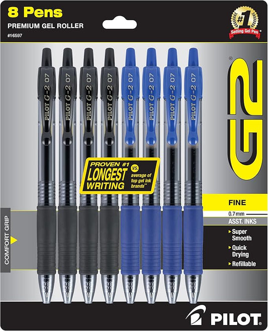 Pilot G2 Premium Gel Roller Pens, Bold Point, Gel Ink Pens, 1 mm, Pack of 8, Black, Blue - Ideal for School, Journaling & Office Writing