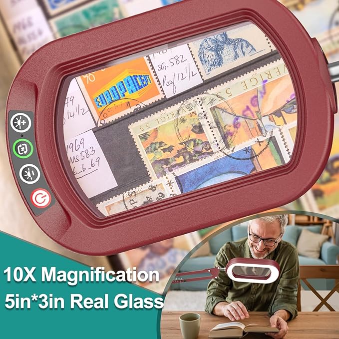 10X Rectangle Magnifying Glass with Light, 5 Color Modes Stepless Dimmable Magnifier with Stand, LED Lighted Clamp Desk Lamp with Swing Arm, Hands Free for Reading Painting Close Work - Red