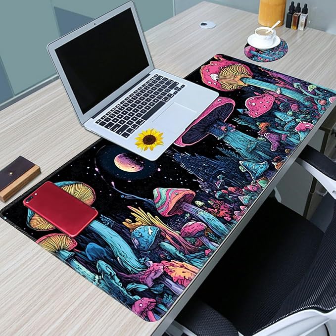 Desk Mat Large Gaming Mouse Pad (31.5x11.8 inch) with Stitched Edges, XL Mouse Pad +Coaster, Extended Mouse Mat Keybroad Mousepad Non-Slip Rubber for Gamer Men Women, Magic Mushrooms