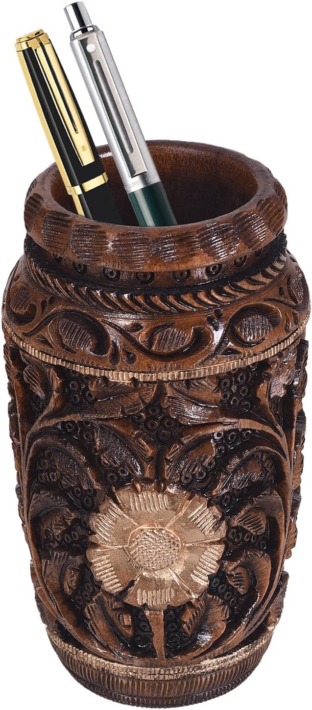 Craft Trade Hand Carved Wood Pen Holder for Desk Organizer for Home School Office Supplies Pencil Cup Pot Storage Box Suitable for Stationery - Natural Wood