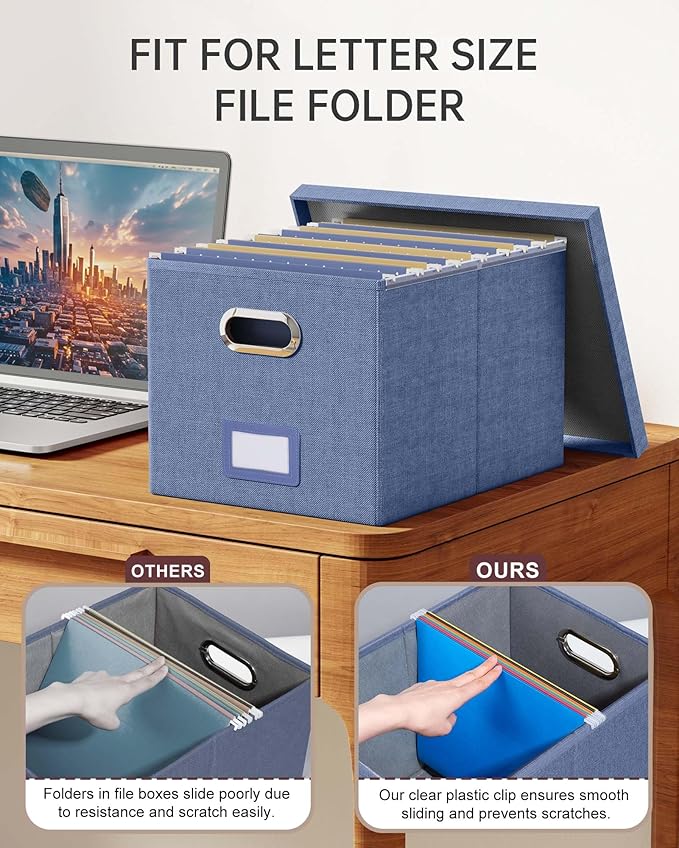 2 Pack File Storage Organizer, Document Organizer, Portable File Box with Lid, Fit for Letter/Legal File Folder Storage,Blue-Box only