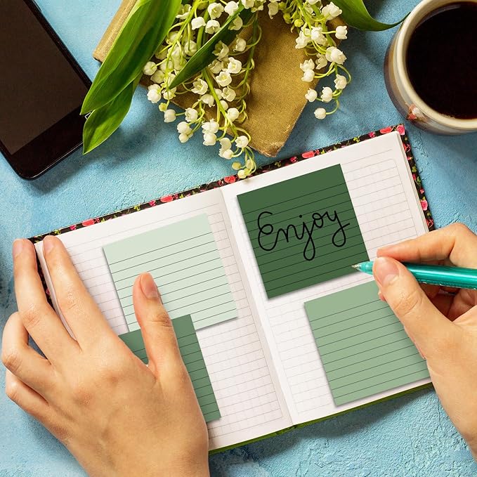 12Pcs Sage Green Lined Sticky Note 3 x 3 Inch Assorted Green Self Adhesive Notepad Removable Memo Pad for Summer Home School Office Supplies