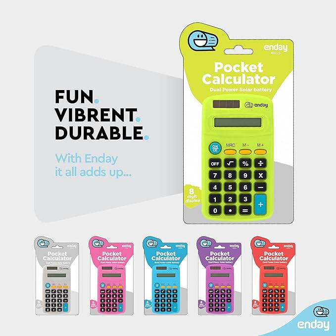 Calculator Green, Basic Small Solar and Battery Operated, Large Display Four Function, Auto Powered Handheld Calculator School and Kids Available in Blue, Red, Purple, Grey, Pink, 1 PK – by Enday