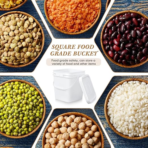 Mumufy 8 Pcs 3.5 Gallon Square Food Grade Bucket with Lid Square Bucket Pail with Plastic Handles for Storing Dry Food, Charcoal, Camping, Fishing (White)