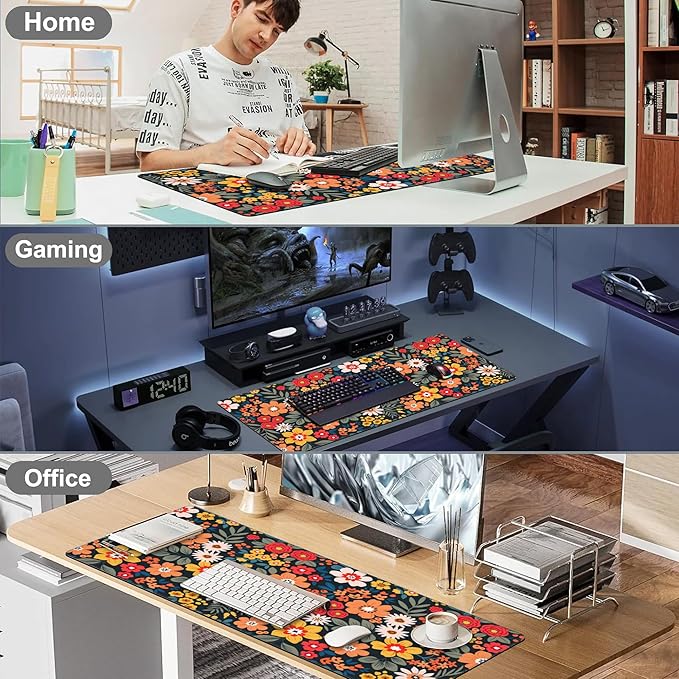 Mouse Pad, Large Colorful Flowers and Plants Desk Mat, Extended Non-Slip Gaming Keyboard Mousepad Desk Pad, Thick Stitched Edges Waterproof Mouse Mat 31.5"x15.7" (Bright Abstract Floral)