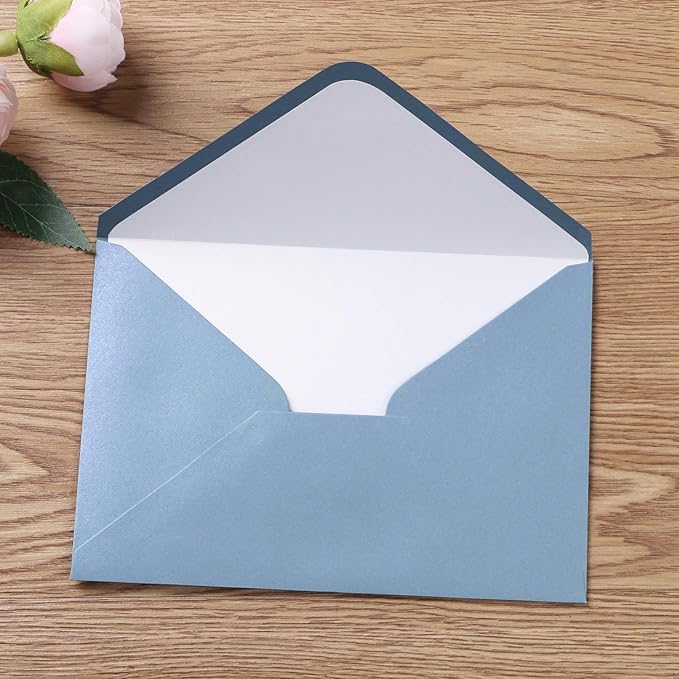 PONATIA 50 Pieces/lot A7 Envelopes, 5.25 X 7.25'' Dusty Blue Envelopes Perfect For 5x7 Weddings Invitation Cards, Graduation, Acrylic Invitations, Photos (Pearl White Liner + Dusty Blue)
