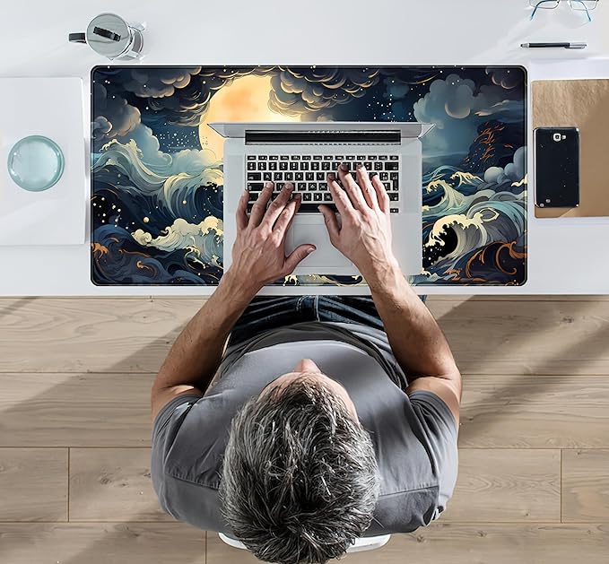 Full Moon Mousepad Cute Desk Mat Stormy Seas XXL Large Extended Gaming Mouse Pad Mat, Office Computer Mat Laptop Keyboard and Mouse Mat, Non-Slip Desk Pad with Stitched Edges, 31.5''x15.7''