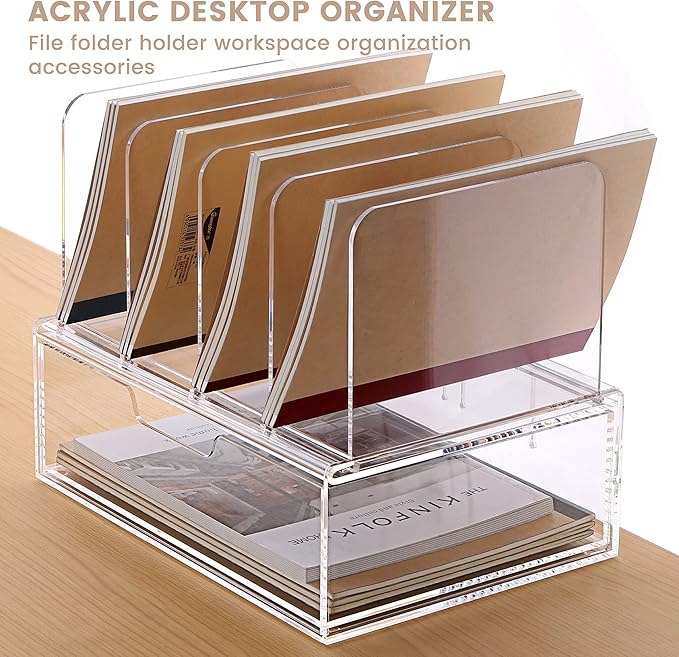 DINGHUO Acrylic Desk Organizers and Accessories, Clear Paper File Folder Organizer Letter Tray Sliding Drawer with 4 Upright Sections File Holder, Office Supplies Workspace Organizers - 1 Pack