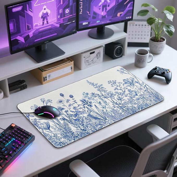 Narcissus Blue Floral Large Gaming Mouse Pad 31.5"x15.7"｜ Flower XXL Desk Mat, Non-Slip Rubber Base & Stitched Edges - Extended Waterproof Mousepad for PC/Laptop/Office/Home Decor