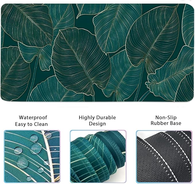 Ergonomic Large Mouse Pad and Keyboard Wrist Rest, Desk Pad for Keyboard and Mouse, 4-in-1 Large Gaming Mouse Pad with Wrist Support for Home Office Study Game-Green Leaves