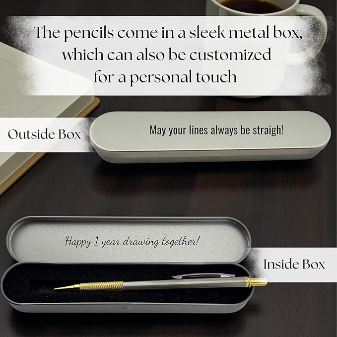 Custom Engraved Mechanical Pencil Set – Personalized 0.7mm & 2.0mm Refillable Drafting Tools – Gift for Architects, Engineers, Students, Designers, Graduation (Chrome w/ Gold Trim Pencil Engraved)