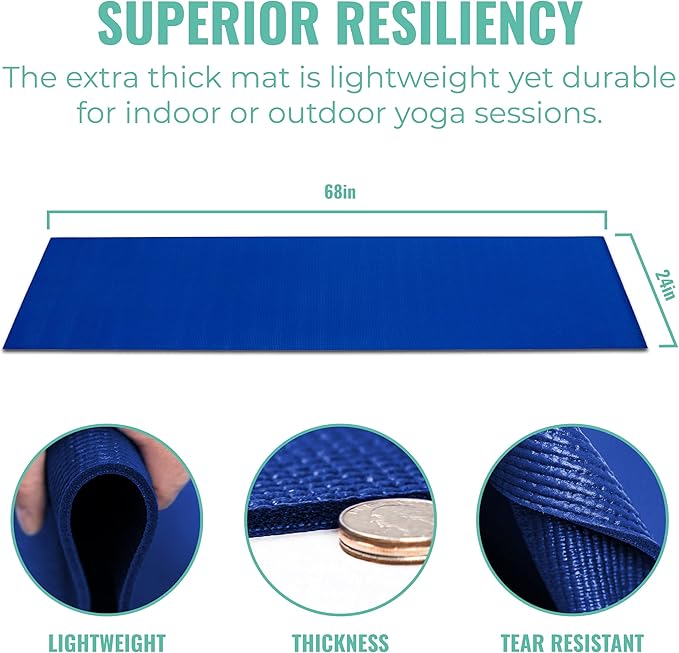 10-Pack Classic Yoga Mat With Carrying Strap, 68" x 24" Non Slip Exercise Mat, 4mm Thick Fitness Mat, Anti-Tear, Bulk Yoga Mats for Home Workout, Gym, School, or Studio
