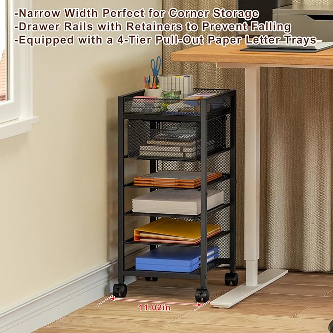 keomaisyto Under Desk Storage Slim File Cabinet, 6-Tier Rolling File Cart with Paper Letter Tray & Drawer, Standing Paper Organizer with Wheels, Narrow Desk Organization for Home Office Workspace