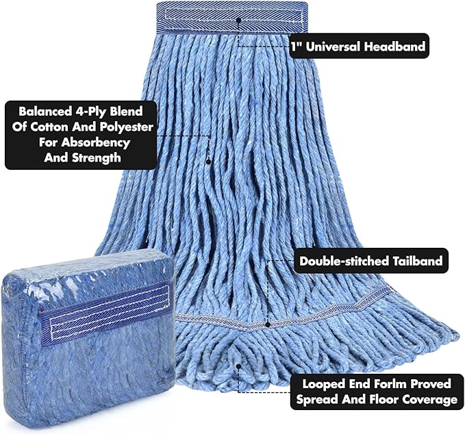 KULED Commercial Mop Head Replacement, Heavy Duty Industrial Cotton Mop Heads, Looped-End String Wet Mop Head for General and Floor Cleaning, Blue (Standard)