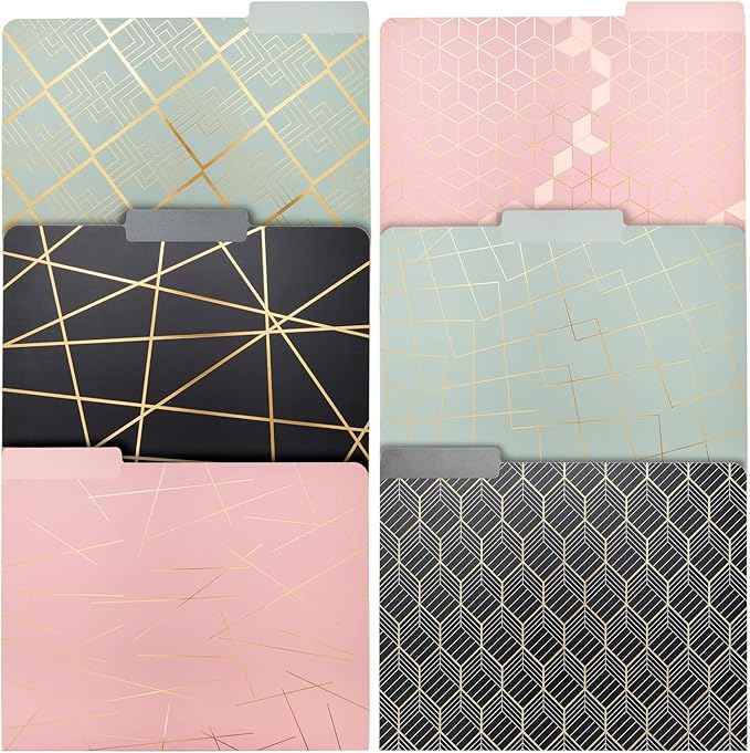 Paper Junkie Decorative File Folders - 11.5 x 9.5 in, Pink Pack of 12 - Cute Geometric Accents & Gold Foil 1/3 Tab - Pretty Colored folders for Office Supplies & School