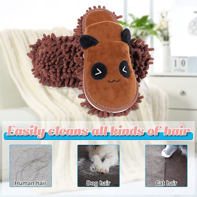 Liitrton 1 Pair Detachable Mop Slippers Shoes Microfiber Chenille Soft Comfortable Dust Dirt Hair Cleaner for Room Bathroom Kitchen Office (Brown Panda)