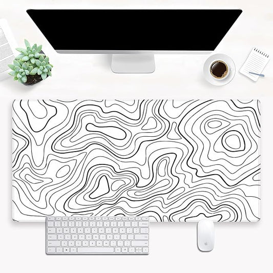 White Topographic Abstract Art Desk Mat - Large XL Gaming Mouse Pad with Stitched Edges, Full Desk Keyboard & Mouse Pad for PC, Laptop, Office Decor (31.5"x15.7")