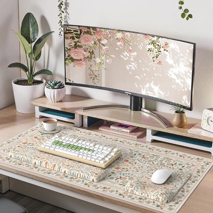 iCasso Mouse Pad with Wrist Rest,Large Desk Mat Set,Ergonomic Keyboard Pad with Wrist Support,Non-Slip Mouse Mat for Women,Cute Floral Computer Mat for Home Office Gaming (Beige)