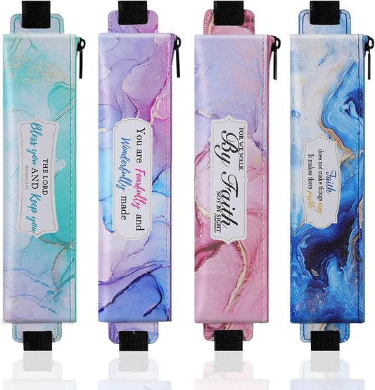 MoKo Elastic Pen Holder for Notebook, 4 Pieces PU Leather Pencil Case with Adjustable Band, Stationery School Supplies Zipper Bag for Planners, Journals, Book, Marble Patterns