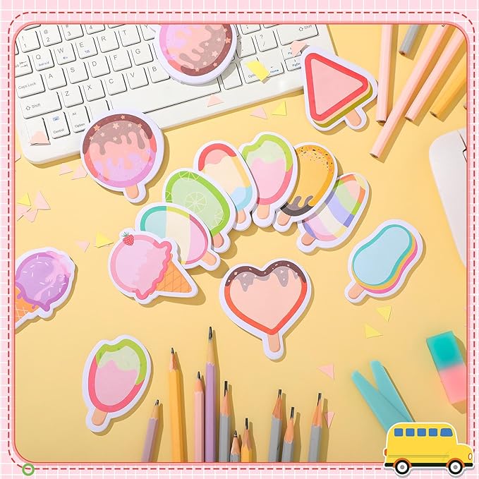 Yinder 24 Pads Cute Sticky Notes Kawaii Fun Animal Sticky Notes Pads Bulk Cartoon Memo Self Adhesive for Veterinary Gift Office School Tab Party Supplies(Ice Cream)