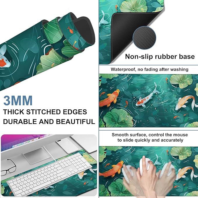 Colorful Koi Fish Gaming Mouse Pad 3mm Thick Stitched Edge Waterproof Non-Slip Large Computer Keyboard Mouse Mat,Suitable for Office Entertainment Decorative Desk Pad 35.4 x 15.7 Inches
