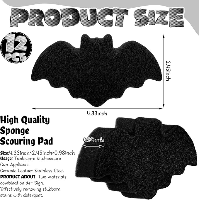 Tioncy 12 Pack Bat Sponges Kitchen Bulk Dual Sided Scrubber Halloween Sponges Dishwashing Non Scratch Bat Kitchen Accessories Dish Scouring, Black