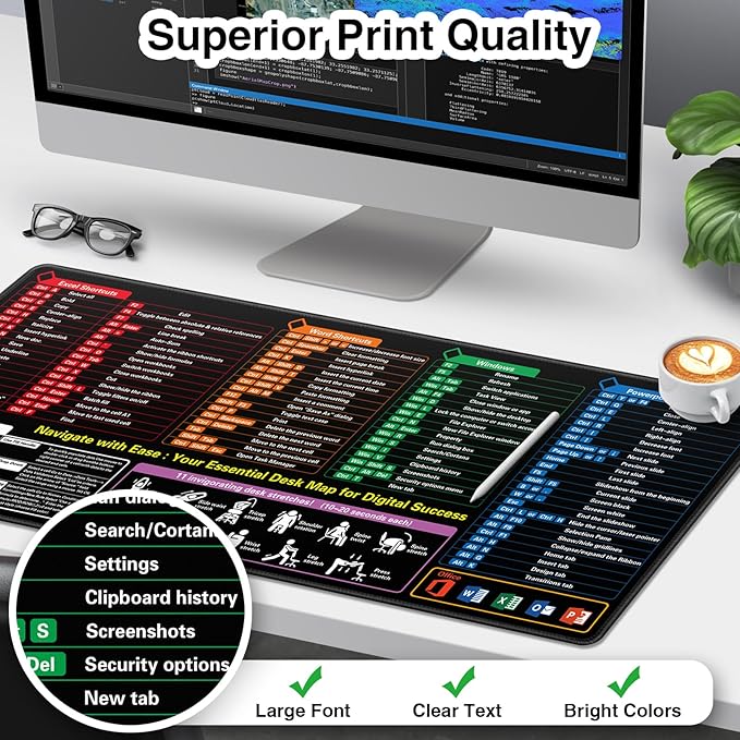 Excel Cheat Sheet Mouse Pad, Extra Large Excel Shortcuts Desk Mat, XXL 35.4"x15.7" Waterproof Keyboard Mousepad for Full Desk Office Work Computer Gaming Mouse Mat with Stitched Edges Anti-Slip