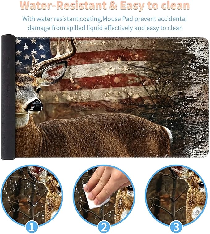 Desk Mat Large Gaming Mouse Pad (31.5x11.8 inch) with Stitched Edges, XL Mouse Pad +Coaster, Extended Mouse Mat Keybroad Mousepad Non-Slip Rubber for Gamer Men Women, Deer Retro American Flag
