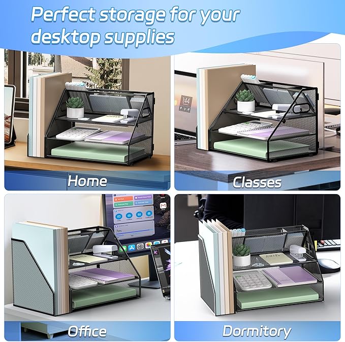 Docnest 3 Tier Paper Letter Tray, Metal Mesh Desk Organizer with Handle Builtin Pen Holder Space Saving Desktop File Storage for Office Supplies Black