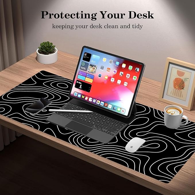 Black Topographic Desk Pad Protector, Stitched Edges Mouse Pad, Large Office Desk Mat, Non-Slip Desk Blotter, Laptop Desk Pad, Desk Writing Pad for Office and Home (31.5" x 15.7 ")