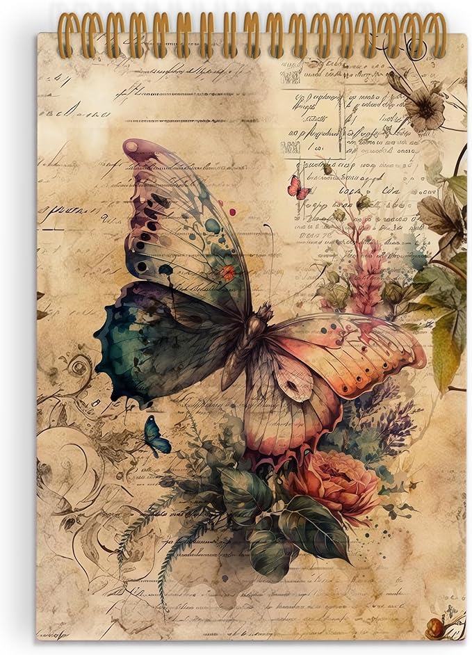 Vintage Butterfly Top Spiral Notebook, Butterfly Journal, Butterfly Notebook, Butterfly Notebooks for School, Butterfly Floral Office Supplies Gifts for Women Girls Coworkers, 5.5x8.3In