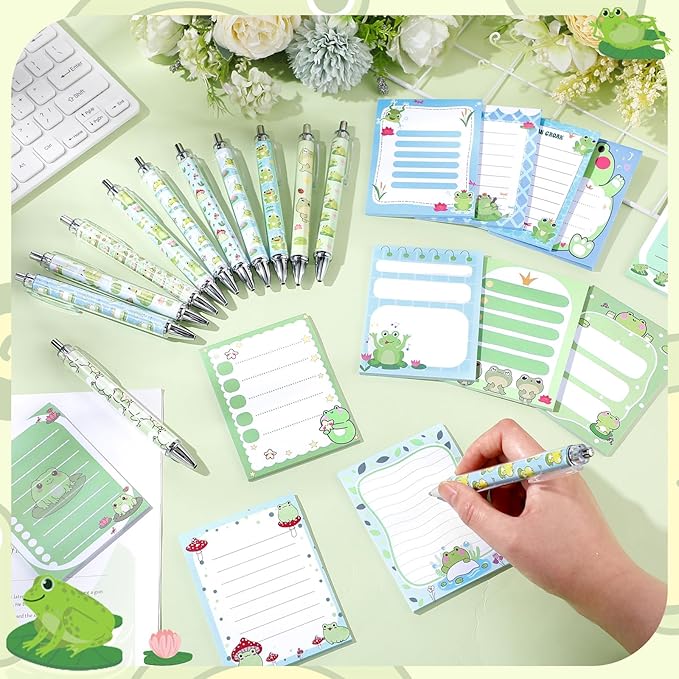 24 Pcs Frog Sticky Notes with Pens Themed Gifts Self Adhesive Notepad Cute Memo Notes Pads Black Ink Ballpoint Pen for Frog Lover Gifts Office School Students Teacher Supplies