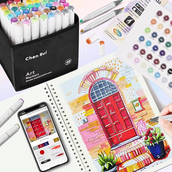 YHC 80 Colors Alcohol Brush Marker with Free App, Chen Rui Dual Tips Art Markers for Adults and Kids, Alcohol Based Brush & Chisel Tips Markers for Drawing, Coloring, Painting, Sketching