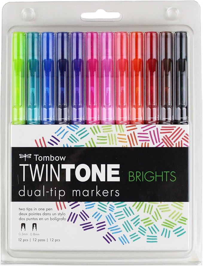 Tombow 61500 Twintone Marker Set, Bright, 12-Pack. Double-Sided Markers for Bold and Precise Writing