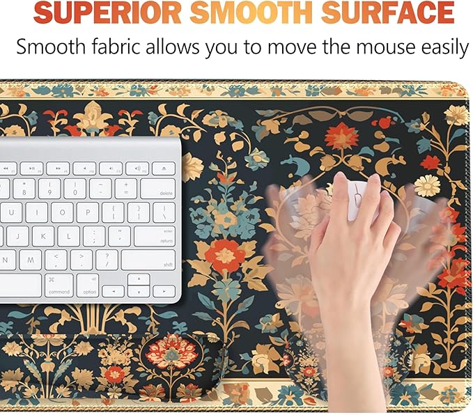 ARTSO Desk Mat Set - Extended Gaming Mouse Pad with Wrist Rest Support + Keyboard Wrist Rest + Large Coaster, Retro Flower Plant