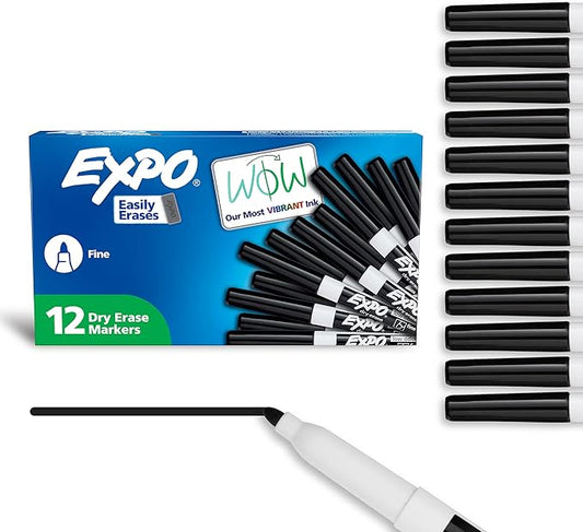EXPO Dry Erase Markers, Low Odor Ink, Black, Fine Tip, 12 Count - Easily Erases, Vibrant Ink, Ideal for Classroom, Back to School Supplies, Teachers, Office, Whiteboard & Home
