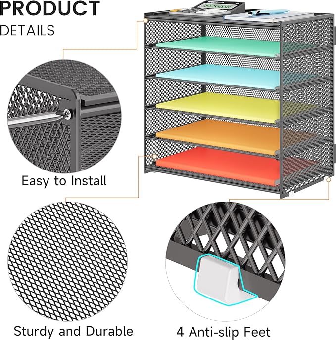 6 Tier Paper Organizer, Metal Mesh Desk File Folder File Folder Paper Letter Tray Desktop Document Sorter for Classroom, School, Office Accessories Organization and Storage - Gray