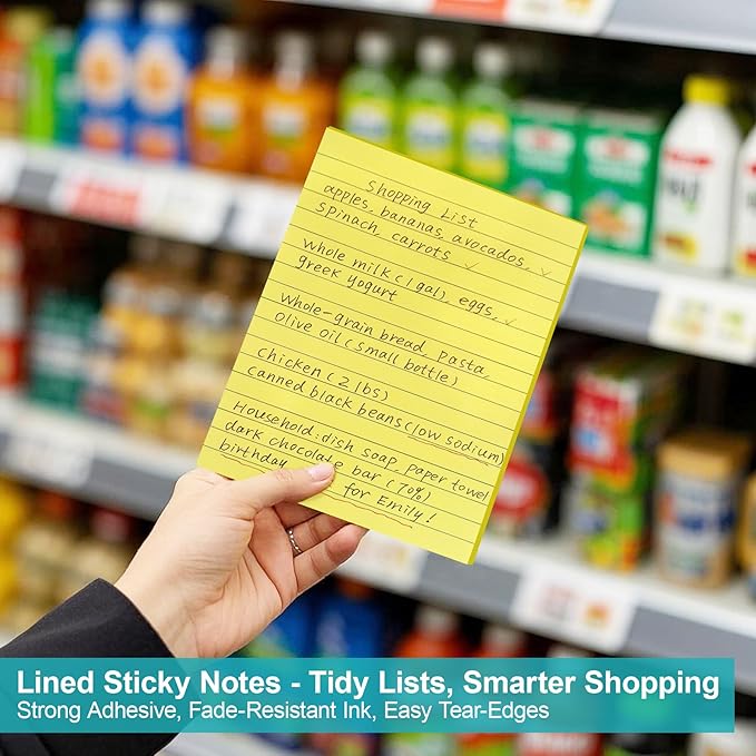 Lined Sticky Notes, 8 Pads 4x6 Sticky Notes Self-Stick Note Pad Its Bright Post Colorful Stickies for Office Home School Meeting